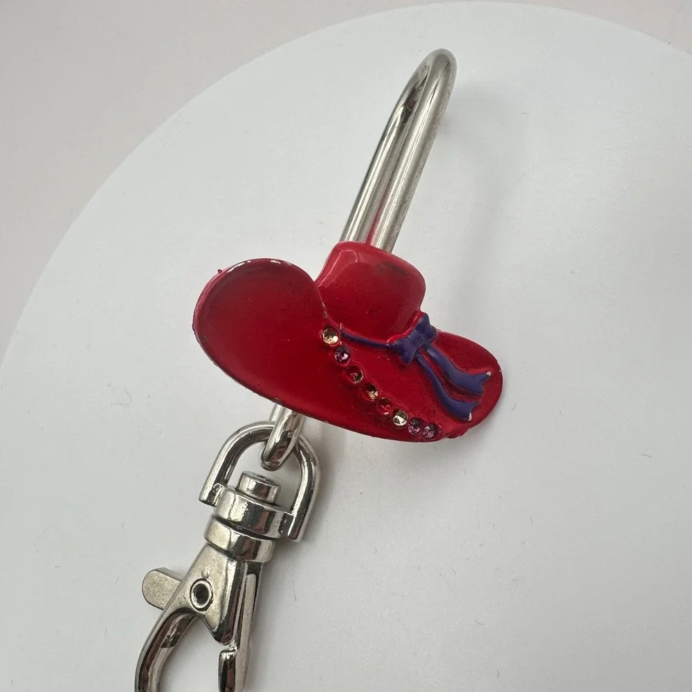 Vintage 90s Silver Tone Red Hat Society Purse Hook Key Finder Enamel Glass